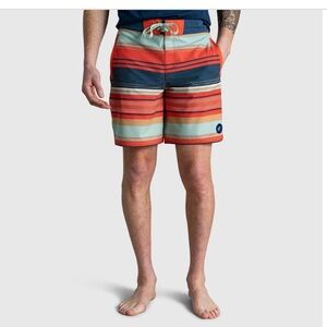 United By Blue Men's 8" Scalloped Board Shorts Seabed Stripe, Mandarin Red Sz 34